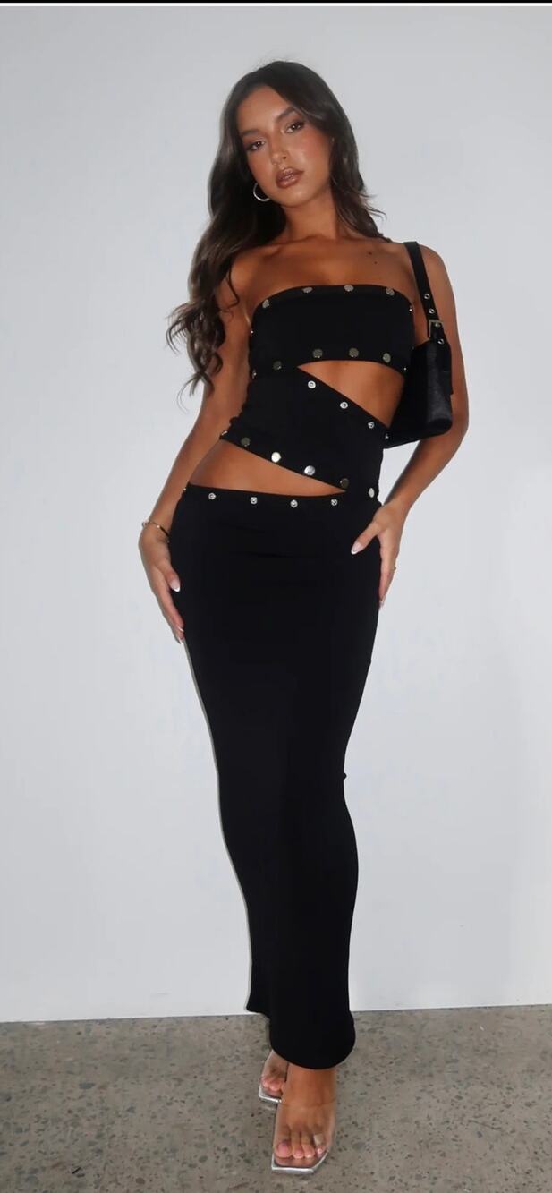 White Fox Back At One Maxi Dress Black XL NWT Snap Cutout Bodycon